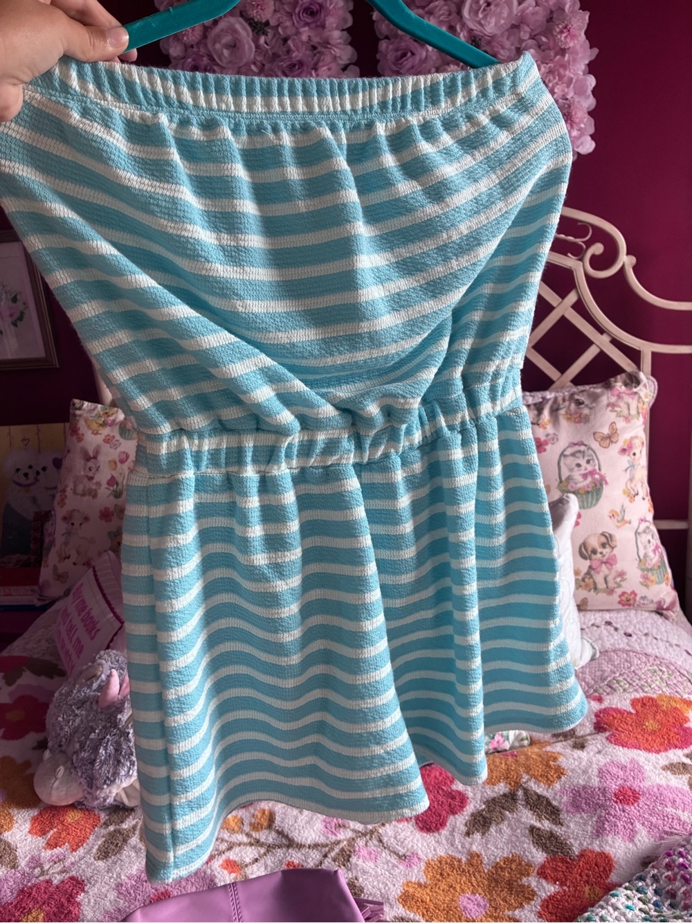 Striped Aqua and White Strapless Summer Romper Altard State